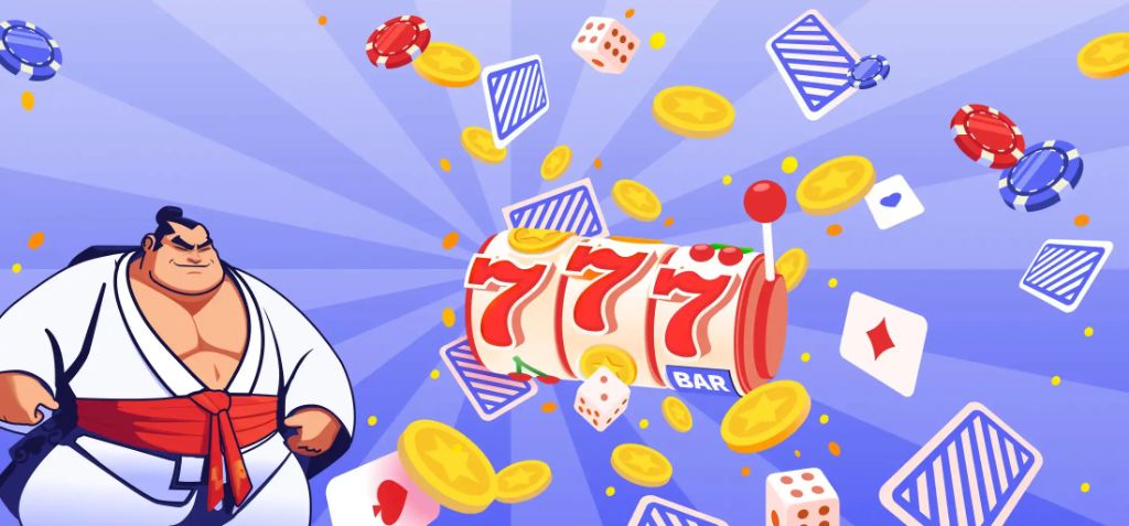 Machines à sous Banzai Casino — personnage sumo et slot 777 avec gains